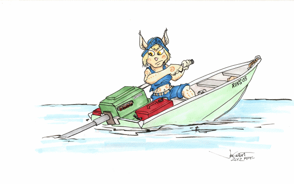 Eddy Loddis, RINS Syndic, a small boat, & a big outboard motor - Art by Jim Groat - character by Ken Fletcher