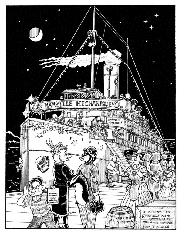 Inspector Stagg & Dr Meffit approach the showboat - art by Roy D. Pounds II - from "Felix Ex Machina" by E. O. Costello