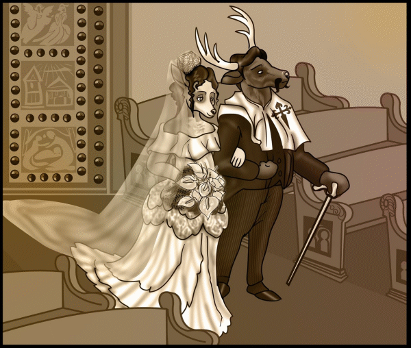 Inocenta de Ciervos down the aisle, with her father - art by Podanny - characters by EO Costello