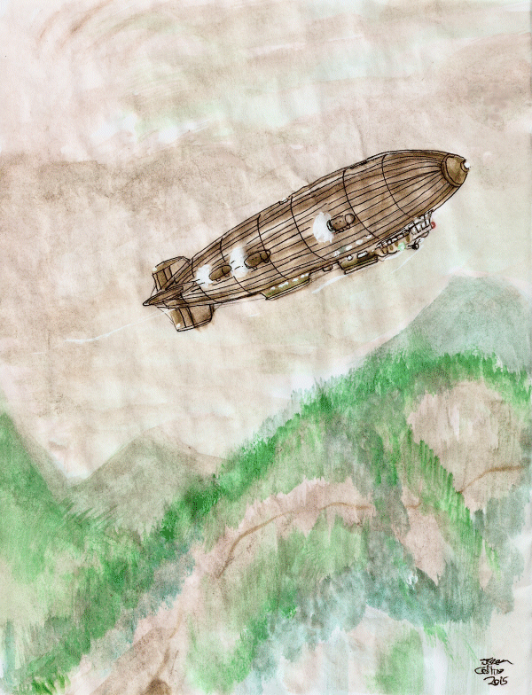 "Evening Flyover" (dirigible through mountains) - by Jerry Collins