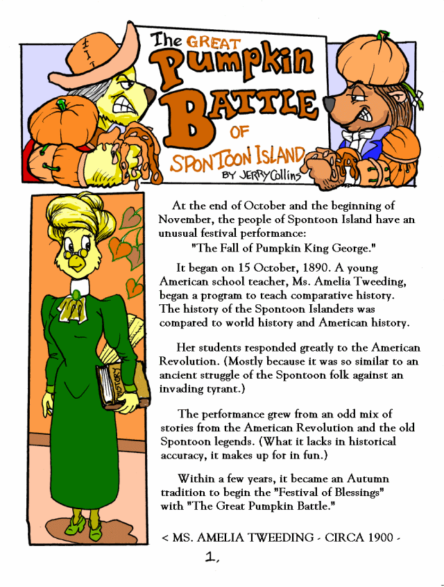 "The Great Pumpkin Battle" page 2 (Spontoon Island) - idea & pencil art by Jerry Collins - edits, inks, & color by Ken Fletcher