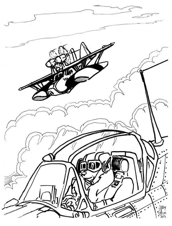 Two patrol aircraft (cockpit foreground) - ink sketch by Jerry Collins