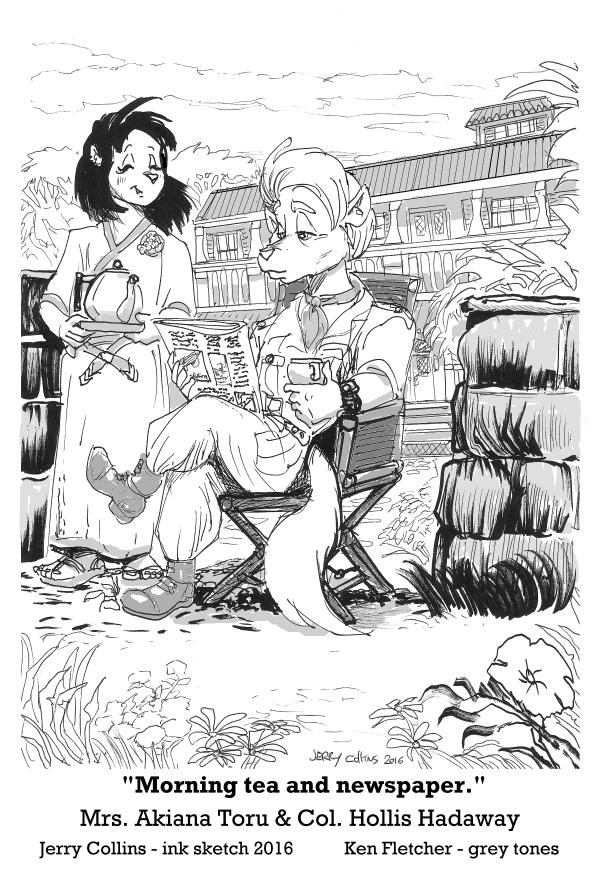 "Morning Tea and newspaper." Mrs. Akiana Toru & Col. Hollis Hadaway - ink sketch & characters by Jerry Collins; grey tones by Ken Fletcher
