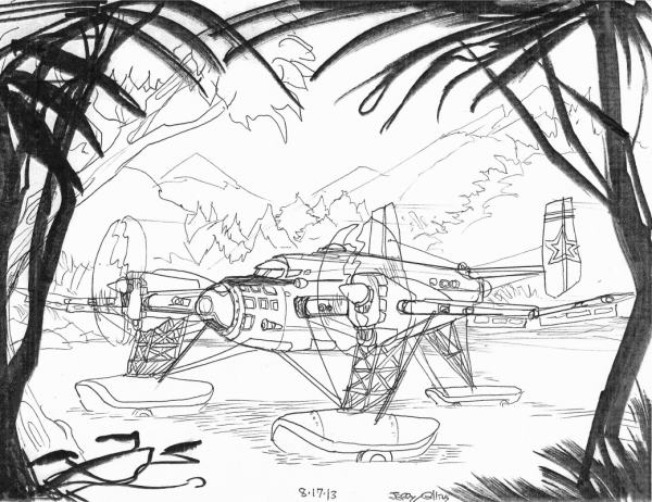 Two-engine patrol floatplane - Soviet Russia - in the North Pacific, circa 1932 - ink sketch by Jerry Collins