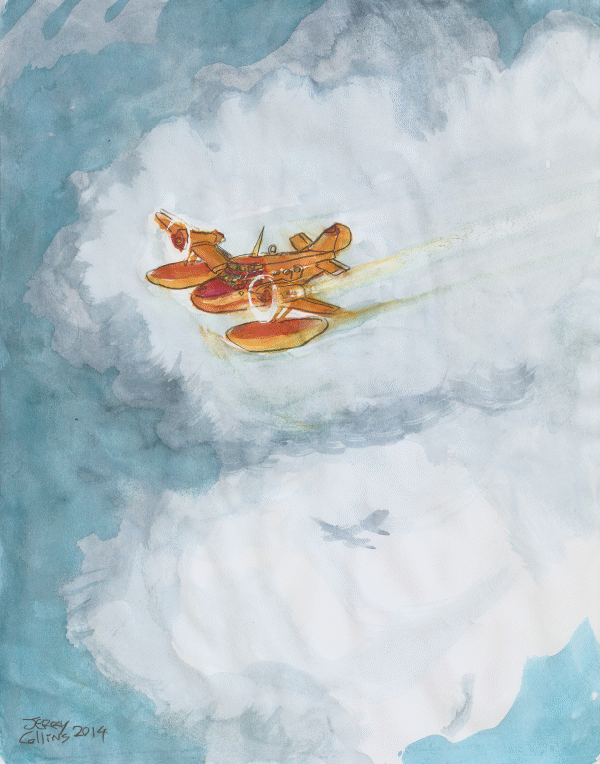 Orange floatplane over clouds - by Jerry Collins