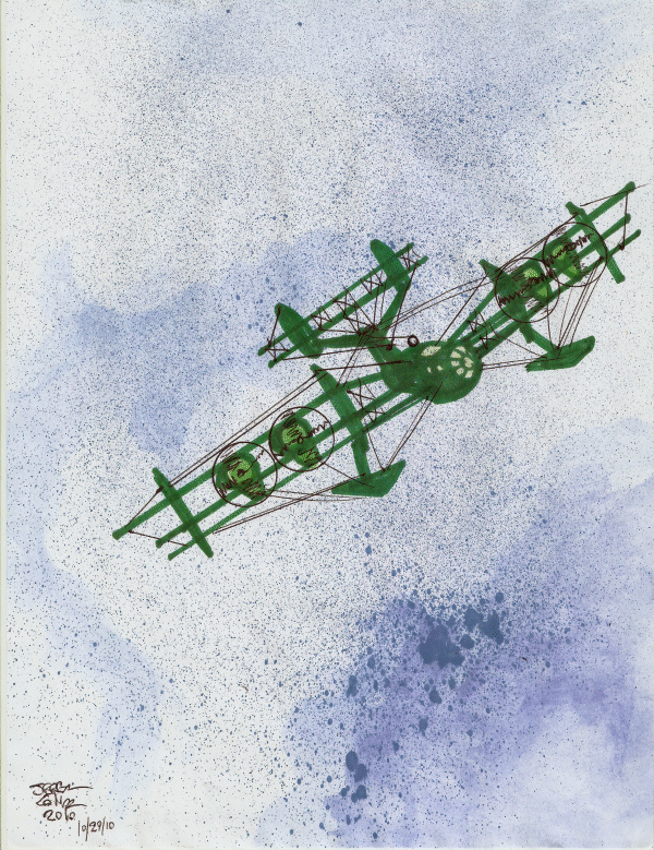 Long-Distance Island Exploration Flight (4-engine tri-plane green floatplane) - by Jerry Collins
