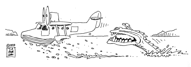 Flying boat & swimming monster - art by J.P. Morgan