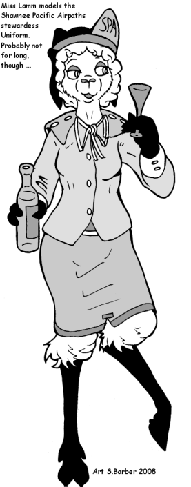 Miss Lamm in an air-stewardess's uniform; Art by S. Barber; character by EO Costello