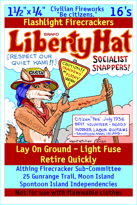 Liberty Hat - firecracker
        pack label - by Ken Fletcher - 1930s - Liberty Morgenstern
        character via Walter Reimer