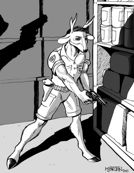 "Warehouse Duel"  - Art by Kjartan - from the story "Senses" by E. O. Costello