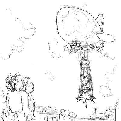 Les & Willow see a blimp over Sinatrar - art by Seth Triggs