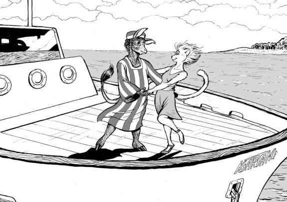 'Lady Allworthy' aboard the yacht 'Scimitar' -- art by Kjartan; characters by Simon Barber