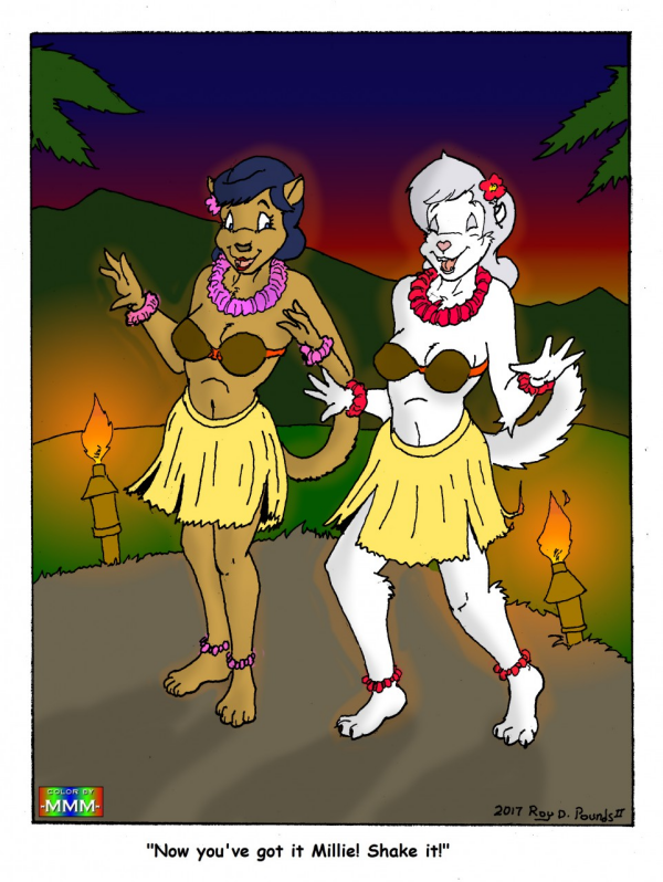 Tali & Millie "Shake It!" (Hula) - Art by Roy D. Pounds II, color by MMMarmel - Tali character from MMMarmel, 'Millie' character from Roy D. Pounds II'