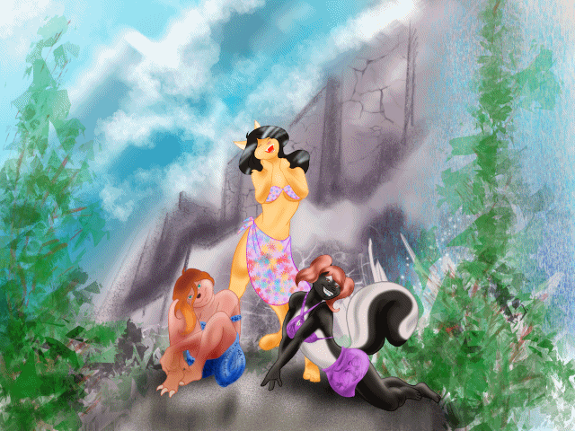 "Mountin' Girls" - Micky duBois, Tali Hartoh-Mason, & Trixie Mifune frolicking on the mountain tops - characters by MMMarmel - Art by Esteban on FA