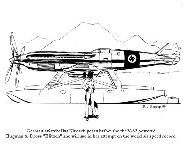 Ilsa Klensch and the Bugman & Dross "Blitzen" racing floatplane - art by R.J. Bartrop