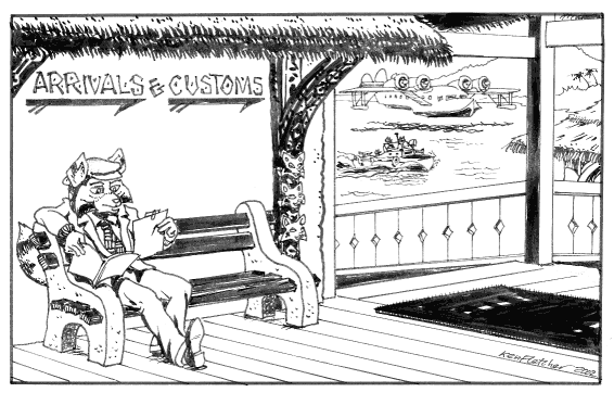 Sgt. Orrin F. X. Brush, of the Spontoon Island
        Constabulary, waits at a Seaplane-Port bench. From
        "Casebook of Inspector Stagg", character by E.O.
        Costello. Art by Ken Fletcher